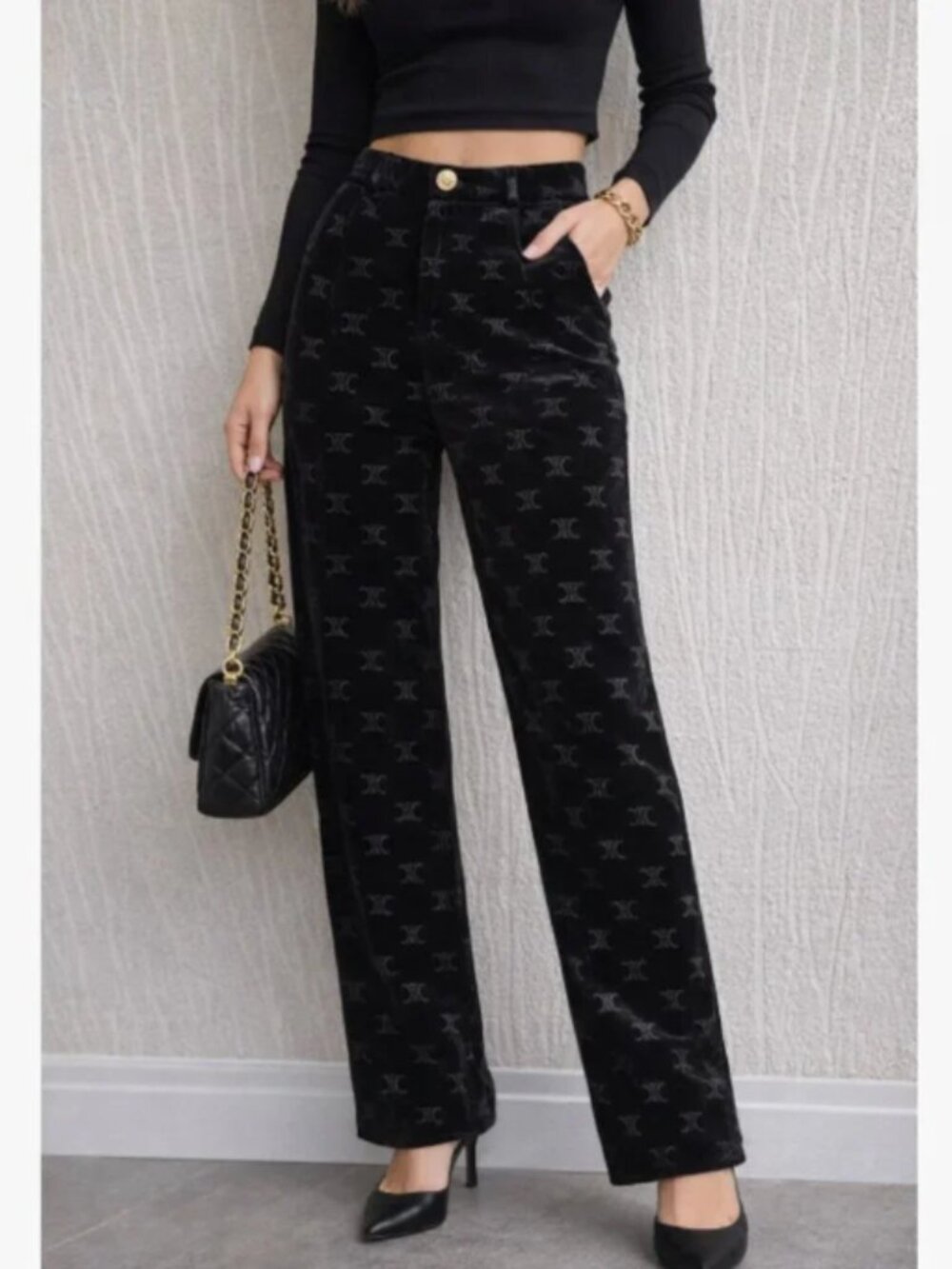 Black Velvet Monogram Wide Leg Pants Gold Button Luxury Style